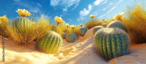 Blooming cacti in sunny desert landscape. photo