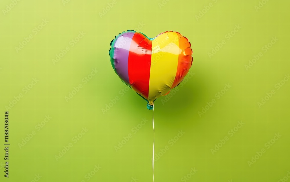 A whimsical rainbow balloon heart floating mid-air, with strings visible on a lime green background A whimsical rainbow balloon heart floating mid-air, with strings visible on a lime green background