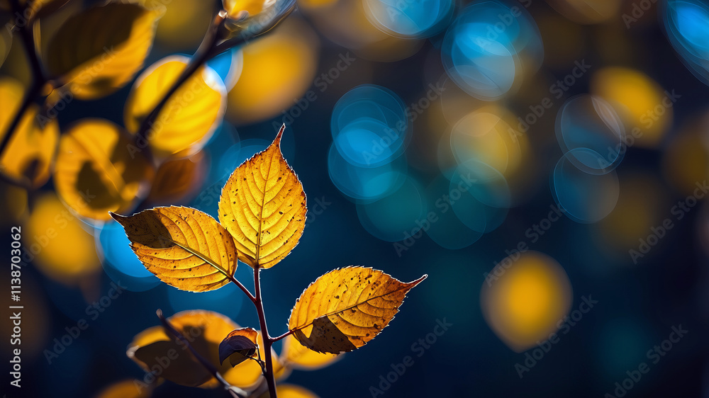 Close-up of golden autumn leaves illuminated by soft light, set against a blurred background with cool blue bokeh, creating a serene seasonal scene.
Close-up of golden autumn leaves illuminated by soft light, set against a blurred background with cool blue bokeh, creating a serene seasonal scene.