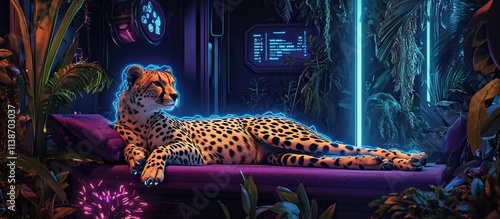 Fototapeta Naklejka Na Ścianę i Meble -  Cheetah resting on a purple couch in a futuristic jungle setting with neon lights.