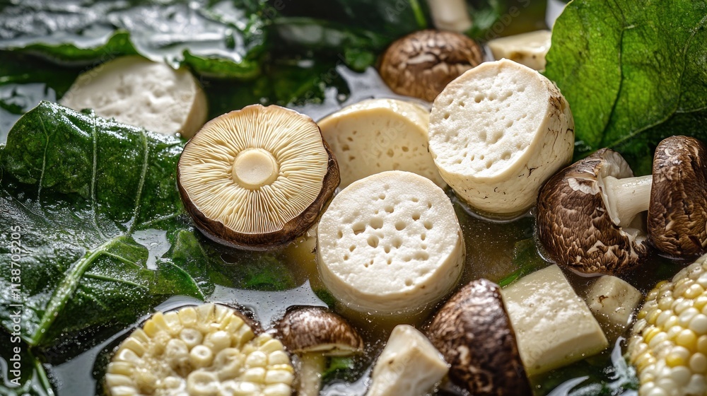 Hot pot with tofu, mushrooms, spinach, and corn in broth. Hot pot with tofu, mushrooms, spinach, and corn in broth.