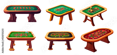 Cartoon poker tables. Isometric table for casino cards game, gambling online game assets blackjack gaming with play chips, las vegas club dealer desk furniture set vector illustration