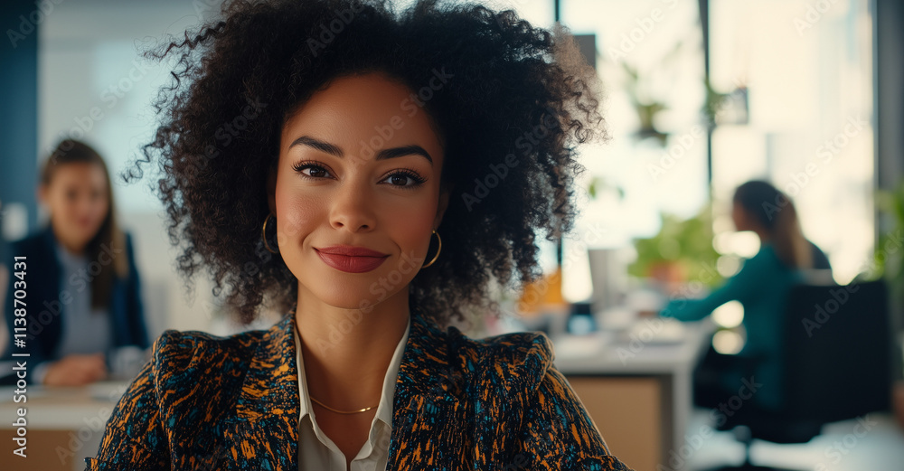 Confident businesswoman with curly hair and a bright smile sitting in a modern office environment. Professional and stylish, with blurred coworkers and contemporary decor in the background Confident businesswoman with curly hair and a bright smile sitting in a modern office environment. Professional and stylish, with blurred coworkers and contemporary decor in the background