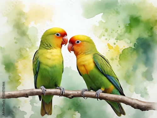 Fototapeta Żywy obraz akwarelowy przedstawiający dwie zielone i żółte papugi siedzące na gałęzi na kolorowym tle.


