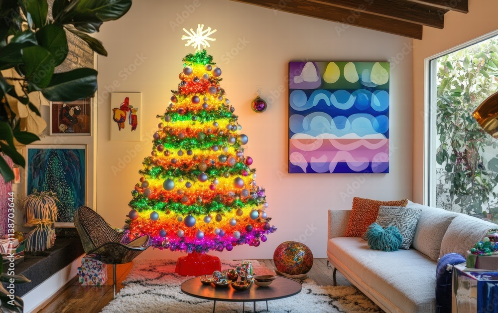 Obraz premium Eclectic living space with a glowing rainbow-themed Christmas tree, colorful ornaments, and abstract artwork on the walls complementing the festive vibe