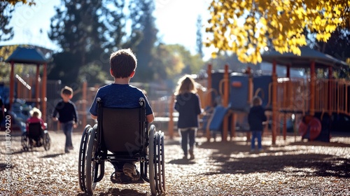 A young boy in a wheelchair enjoys a sunny day at the playground surrounded by children.