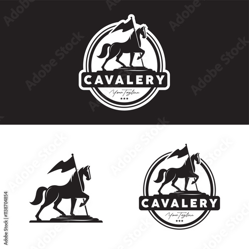 silhouette logo of horse cavalry holding flag in vintage style vector illustration design