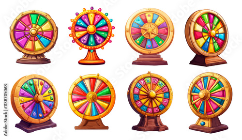 Cartoon wheels of fortune. Luck spin wheel for casino roulette gambling game, round roulettes for win lucky success play money prize winner bet, risk entertainment set vector illustration