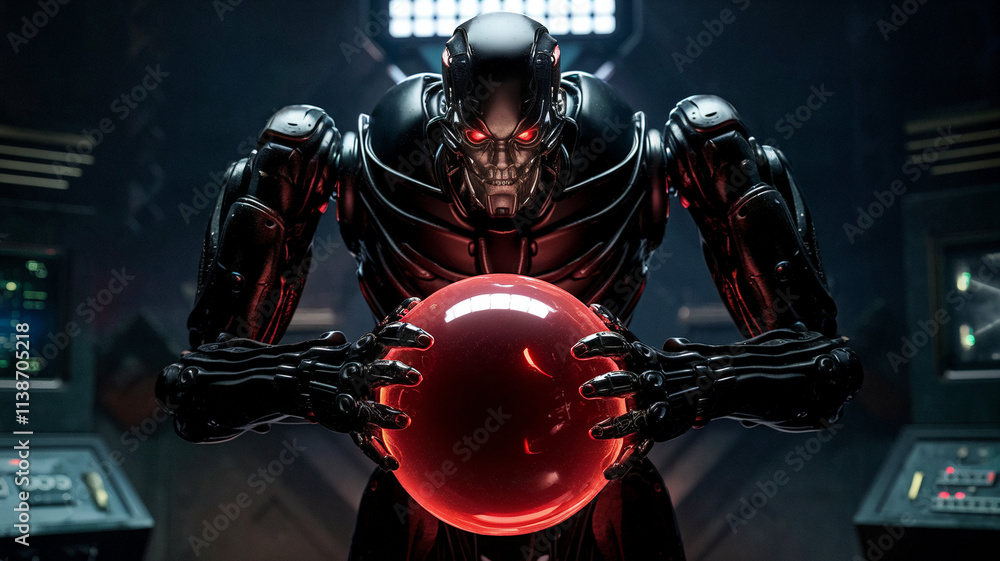 Fototapeta premium Cybernetic Robot Holding Red Sphere in Dark Room