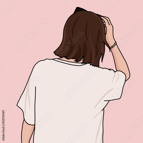 Illustration of a Woman Facing Backwards in a White T-Shirt with Short Hair photo