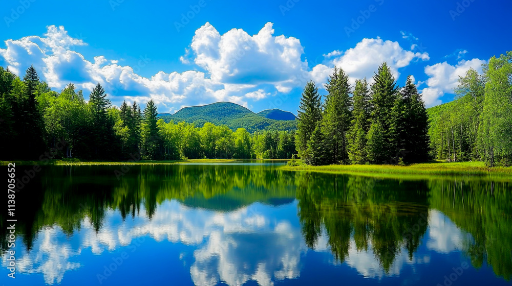 Fototapeta premium Scenic Mountain Lake with Reflective Water and Lush Forest Landscape
