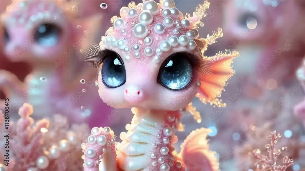 Seahorse covered in tiny pearls on underwater background in fantasy art style Seahorse covered in tiny pearls on underwater background in fantasy art style