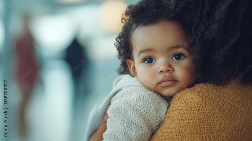 Mother gently soothes her baby at the airport before their eagerly awaited family vacation departure Mother gently soothes her baby at the airport before their eagerly awaited family vacation departure