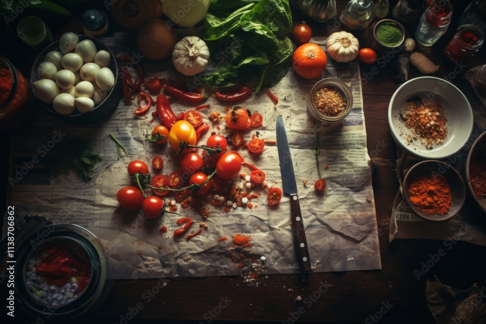 Top view of cooking ingredients on a wooden table a culinary inspiration background Top view of cooking ingredients on a wooden table a culinary inspiration background