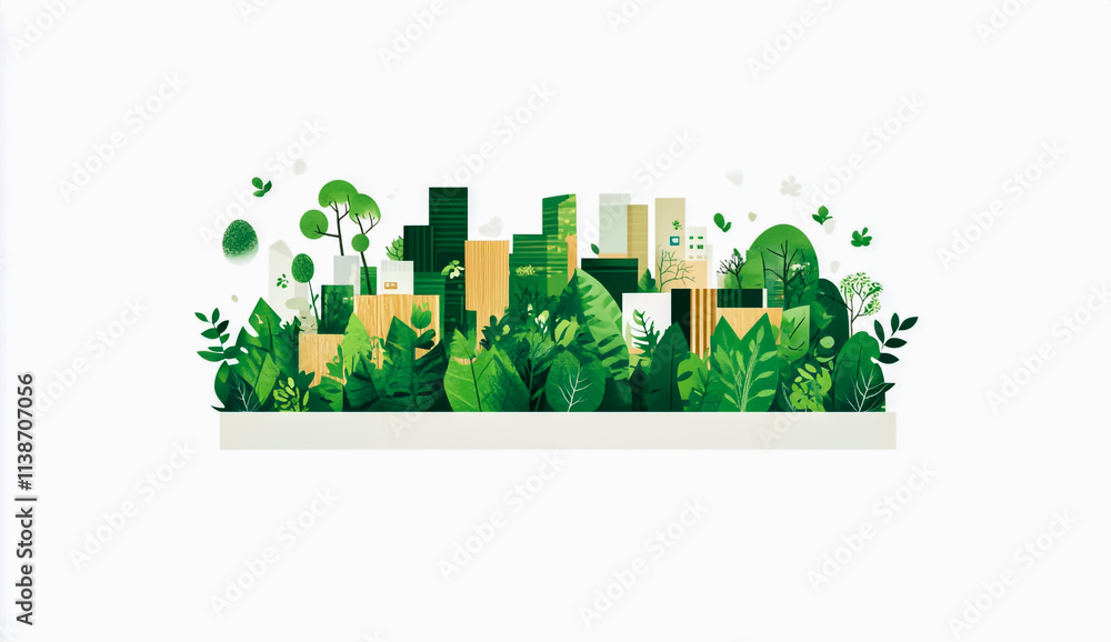 Obraz premium Simplified Illustration of an Eco-Friendly Cityscape with Green Trees and Buildings Made from Leaves and Wood
