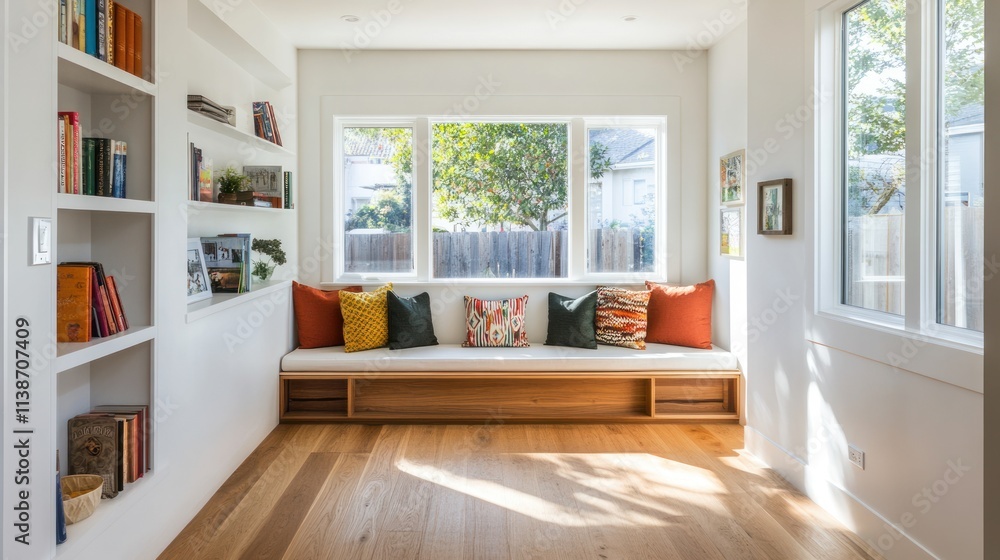 Sunlit reading nook with built-in bench, shelves, and hardwood floors. Sunlit reading nook with built-in bench, shelves, and hardwood floors.