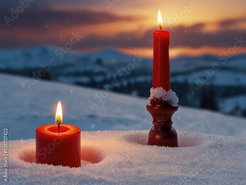 Winter wonderland with red candlelight in the snow