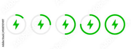 Battery charging circle indicator icon set. Green round battery power level vector illustration collection. Lightning inside a rounded diagram infographic symbol. Loading process progress bar sign.