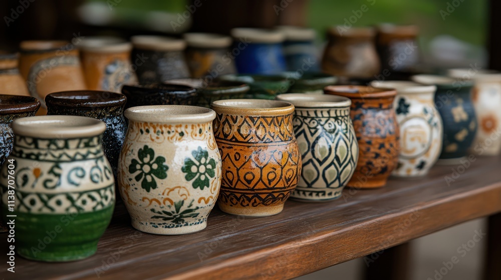 Artful pottery pieces adorned with intricate designs are displayed on a rustic tabletop, highlighting the beauty of traditional craftsmanship. Artful pottery pieces adorned with intricate designs are displayed on a rustic tabletop, highlighting the beauty of traditional craftsmanship.