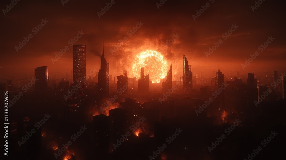 Fiery explosion engulfs city skyline. Fiery explosion engulfs city skyline.