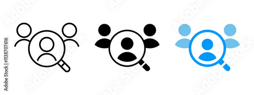 Job search icon. HR worker recruitment symbol. Finding an employee person with magnifier vector illustration. Hiring candidate research sign. Human resources business selection pictogram. Vacancy icon