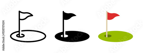 Golf icon. Golfing field with red flag vector illustration. Golfer tournament symbol. Golf court with a ball hall sign. Sport game competition pictogram. Goal concept.
