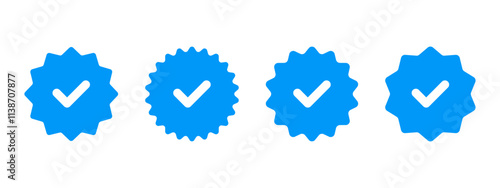 Blue checkmark starburst icon set. Verification label vector illustration. Approved quality mark symbol. Correct badge, stamp and sticker. Guarantee certificate emblem. Certified checkmark sign.