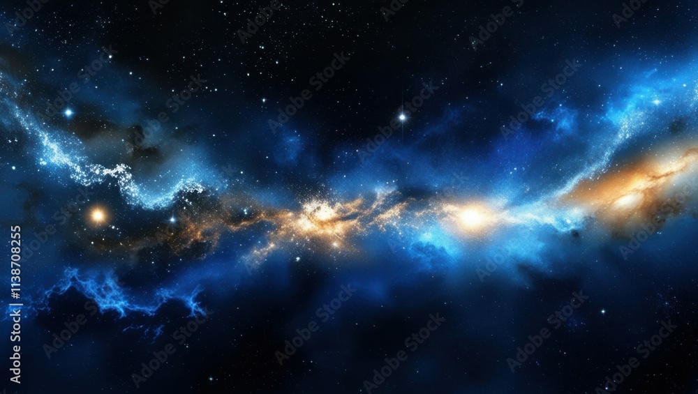 Fototapeta premium Space nebula, cosmic clouds, swirling blue and gold gases, celestial light, star formation, cosmic dust, vibrant galactic colors, deep space, astronomical phenomenon, ethereal universe, high resolutio