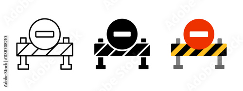 Barrier stop sign icon set. Block obstacle stripped fence with red roadsign vector illustration. Under construction highway restricted symbol. Travel prohibited pictogram. Forbidden way isolated glyph