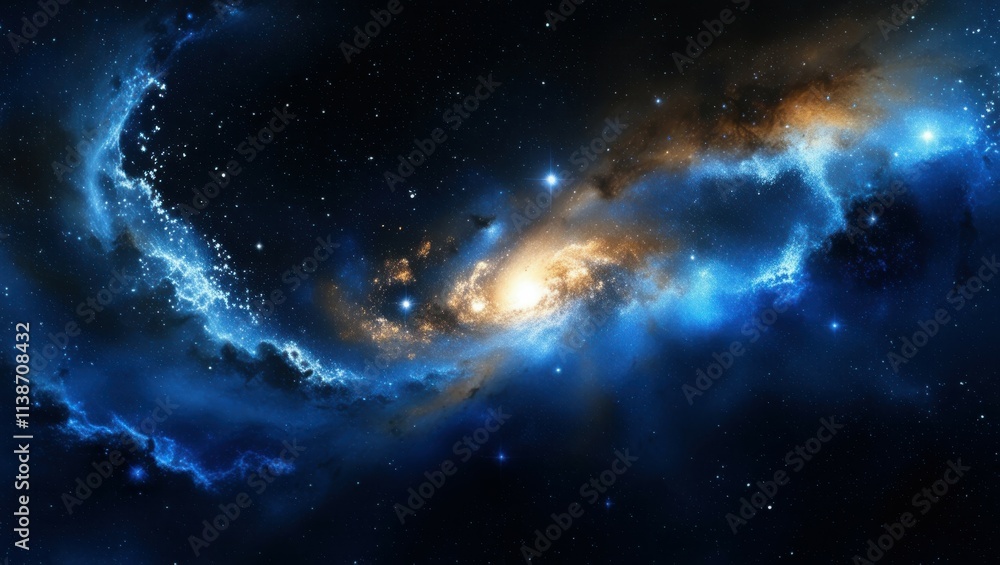 Fototapeta premium space nebula, cosmic clouds, starry sky, deep space, vibrant colors, blue and gold, galactic swirl, celestial beauty, astronomical phenomenon, cosmic dust, interstellar gas, high resolution, dramatic 