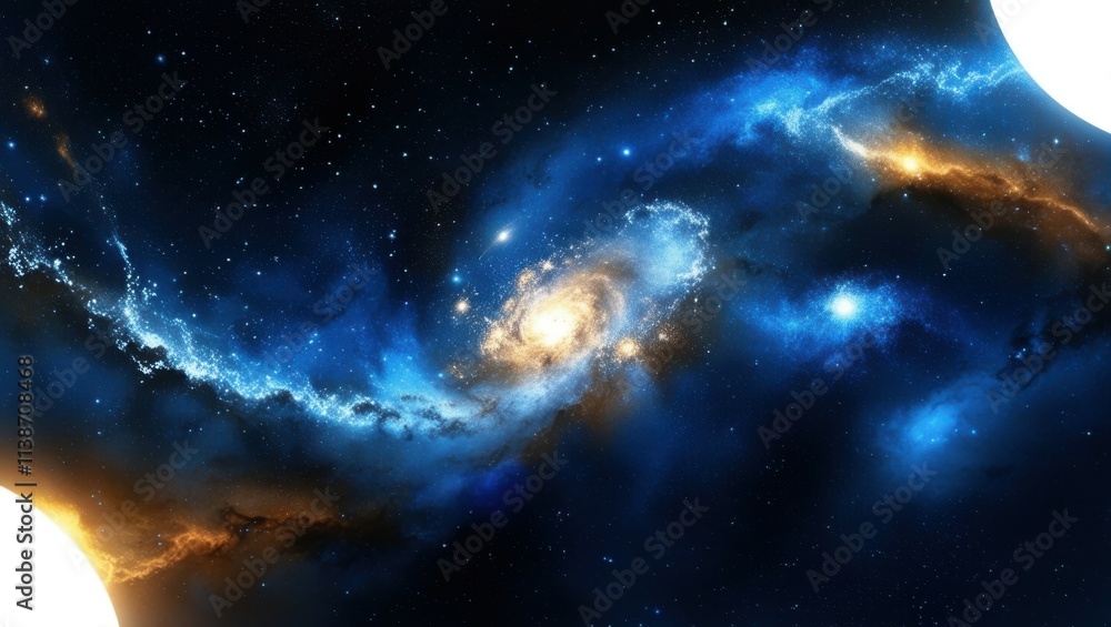 Fototapeta premium Space nebula, cosmic clouds, swirling blue and gold gases, celestial light, star formation, cosmic dust, vibrant galactic colors, deep space, astronomical phenomenon, ethereal universe, high resolutio