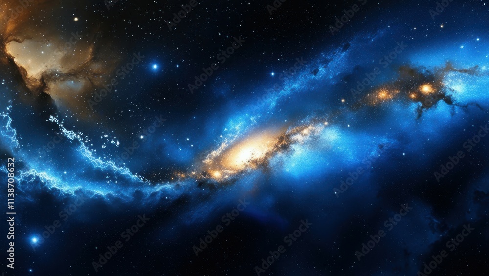 Fototapeta premium Space nebula, cosmic clouds, swirling blue and gold gases, celestial light, star formation, cosmic dust, vibrant galactic colors, deep space, astronomical phenomenon, ethereal universe, high resolutio