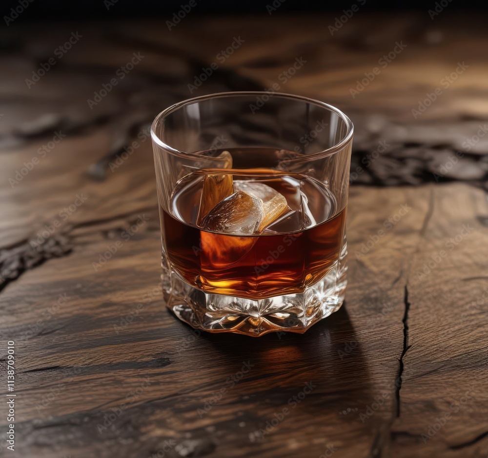 Amber whiskey in a rocks glass, sits alone on dark wood , dark, neat, rye Amber whiskey in a rocks glass, sits alone on dark wood , dark, neat, rye