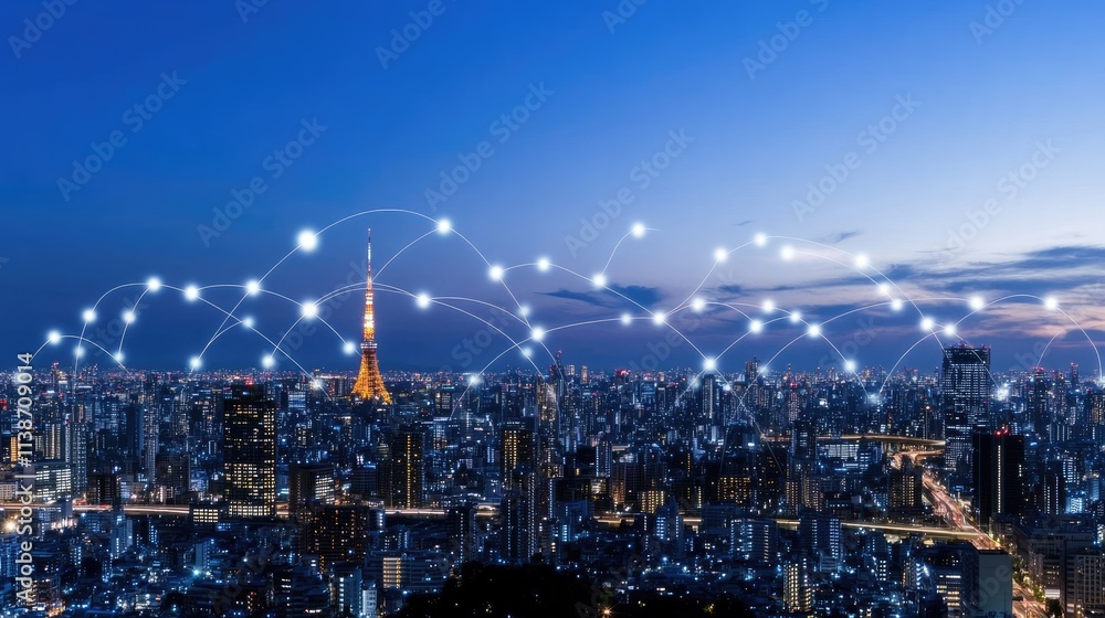 Visualizing modern technology with digital communication networks connecting homes in a small town in the early morning light Visualizing modern technology with digital communication networks connecting homes in a small town in the early morning light