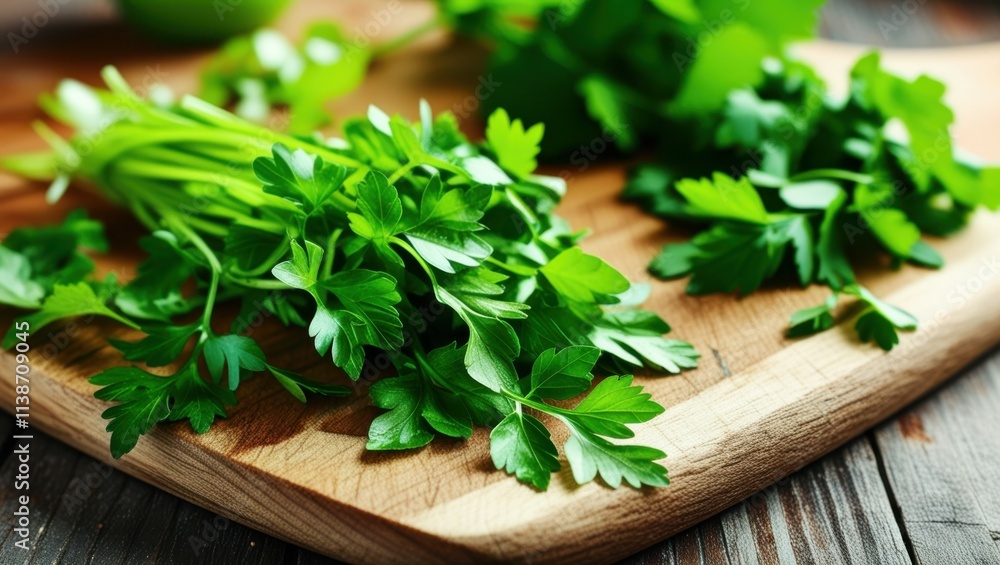 Fresh green herbs, wooden cutting board, rustic kitchen table, vibrant parsley leaves, natural light, food photography, macro detail, organic ingredients, culinary still life, crisp focus, earthy tone Fresh green herbs, wooden cutting board, rustic kitchen table, vibrant parsley leaves, natural light, food photography, macro detail, organic ingredients, culinary still life, crisp focus, earthy tone