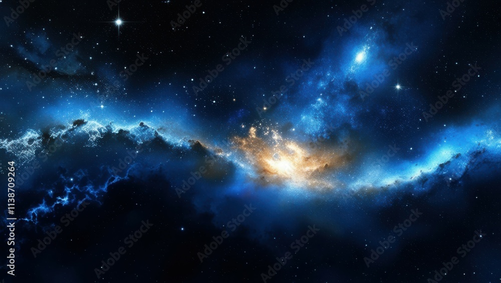Fototapeta premium Space nebula, cosmic clouds, swirling blue and gold gases, celestial light, star formation, cosmic dust, vibrant galactic colors, deep space, astronomical phenomenon, ethereal universe, high resolutio