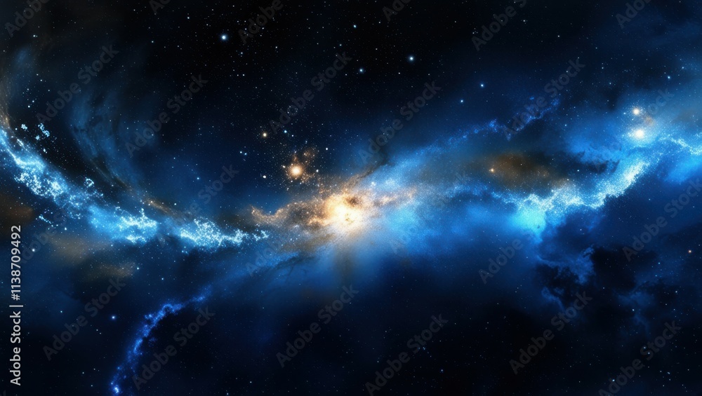 Fototapeta premium Space nebula, cosmic clouds, swirling blue and gold gases, celestial light, star formation, cosmic dust, vibrant galactic colors, deep space, astronomical phenomenon, ethereal universe, high resolutio