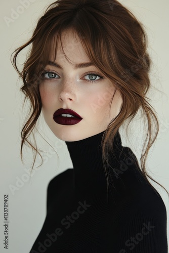 Striking portrait of a woman with dark lipstick and stylish hair against a ne...