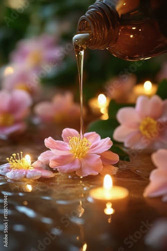 Relaxing moments with essential oil and flowers by candlelight