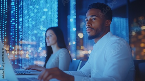 Two Professionals Collaborating on Digital Technology in a Modern Office at Night