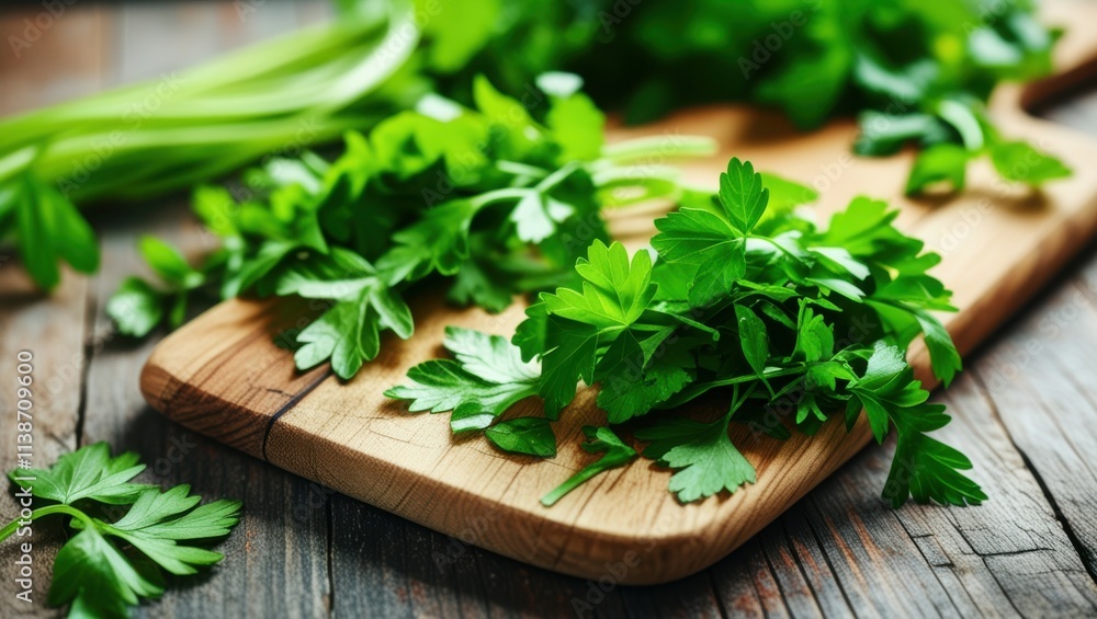 Fresh parsley, wooden cutting board, rustic table, vibrant green herbs, citrus fruit, soft natural lighting, food photography, culinary scene, organic ingredients, kitchen setting, crisp detail, shall Fresh parsley, wooden cutting board, rustic table, vibrant green herbs, citrus fruit, soft natural lighting, food photography, culinary scene, organic ingredients, kitchen setting, crisp detail, shall