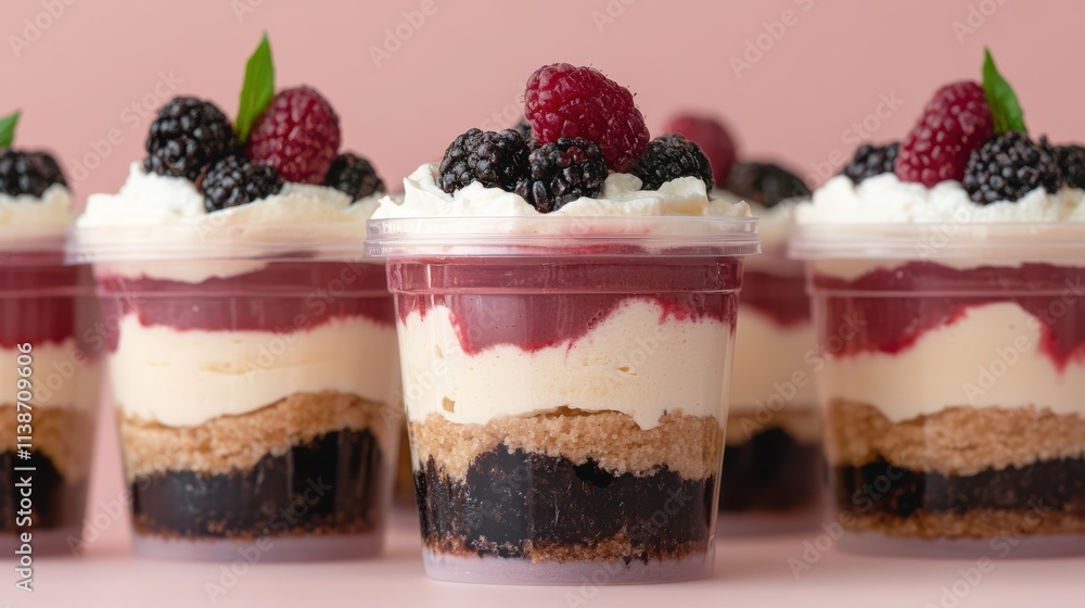 A row of dessert cups is adorned with layers of vivid fruits and cream, topped with fresh berries, inviting indulgence against a soft pink backdrop. A row of dessert cups is adorned with layers of vivid fruits and cream, topped with fresh berries, inviting indulgence against a soft pink backdrop.