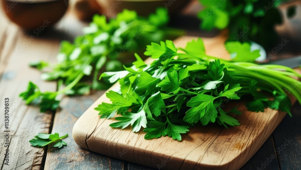 Fresh parsley, wooden cutting board, rustic table, vibrant green herbs, citrus fruit, soft natural lighting, food photography, culinary scene, organic ingredients, kitchen setting, crisp detail, shall Fresh parsley, wooden cutting board, rustic table, vibrant green herbs, citrus fruit, soft natural lighting, food photography, culinary scene, organic ingredients, kitchen setting, crisp detail, shall