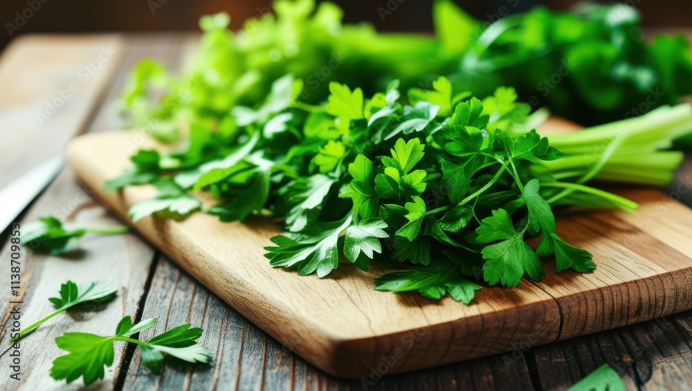 Fresh parsley, wooden cutting board, rustic table, vibrant green herbs, citrus fruit, soft natural lighting, food photography, culinary scene, organic ingredients, kitchen setting, crisp detail, shall Fresh parsley, wooden cutting board, rustic table, vibrant green herbs, citrus fruit, soft natural lighting, food photography, culinary scene, organic ingredients, kitchen setting, crisp detail, shall