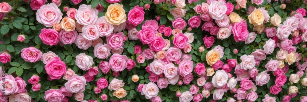 A vibrant wall covered in lush, blooming roses of various colors, close up, garden A vibrant wall covered in lush, blooming roses of various colors, close up, garden