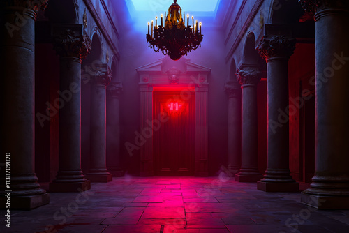 A red light shines through a doorway in a dark room with columns photo