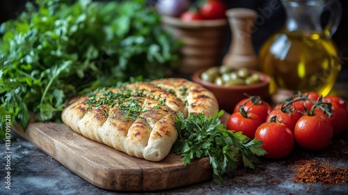 Fluffy bread with herbs and olive oil served on a rustic plate