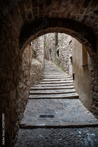 Along the streets of old town Girona, Catalonia. Spain.