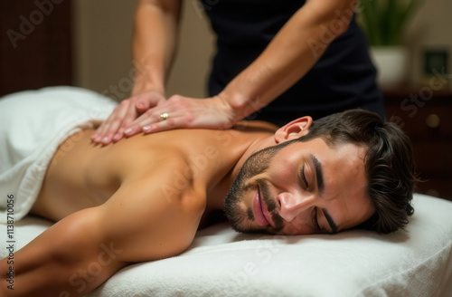 A man receives a relaxing back and neck massage in a spa salon.