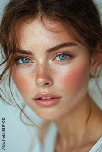 Captivating close up of a young woman with curly hair and striking green eyes